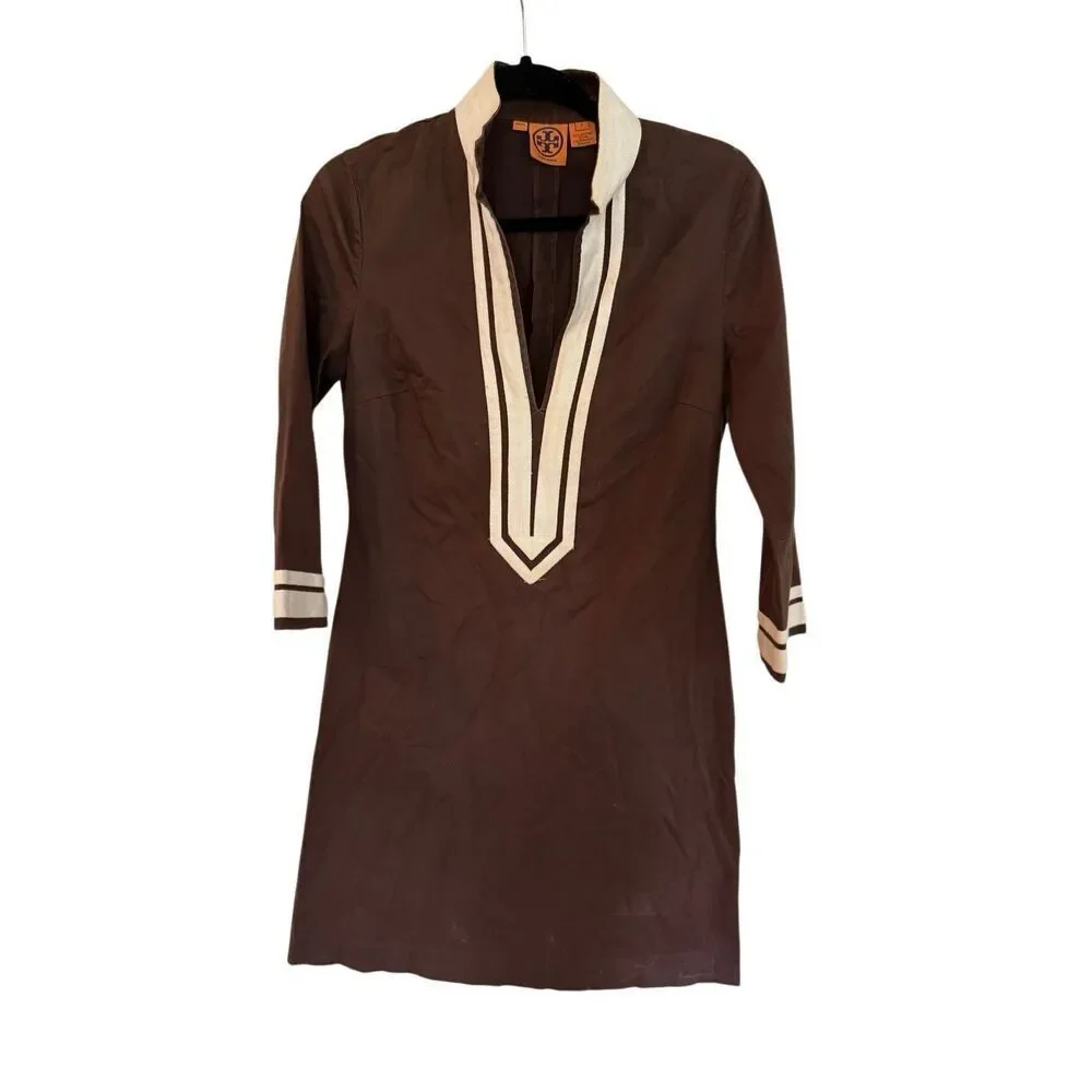 Tory Burch Womens Brown 3/4 Sleeve Deep V-neck Mini Kaftan Tunic Dress Size 8